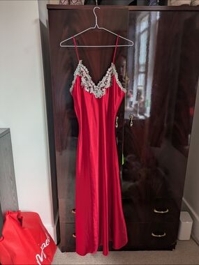 Red Vintage Satin Slip Dress with Lace Trim